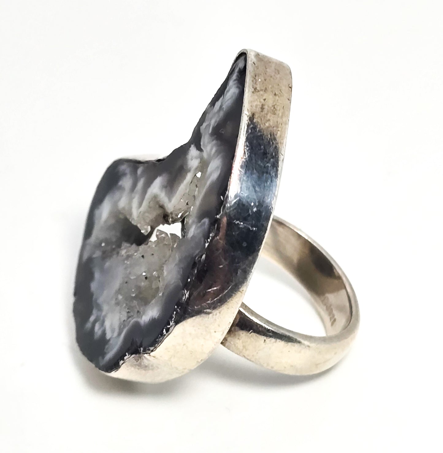 SJ Crescent moon Geode black druzy gemstone large sterling silver ring size 7.5