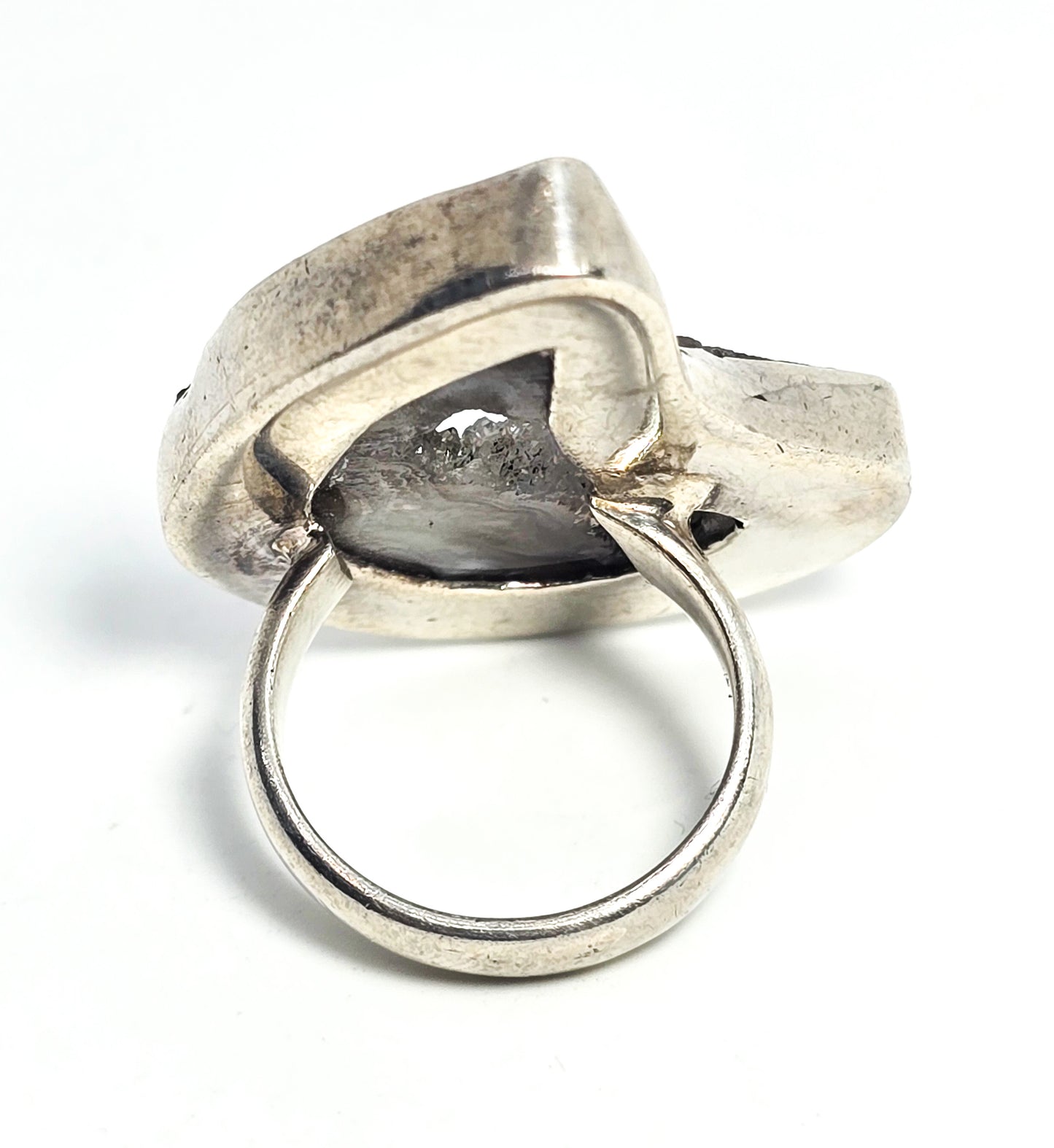 SJ Crescent moon Geode black druzy gemstone large sterling silver ring size 7.5