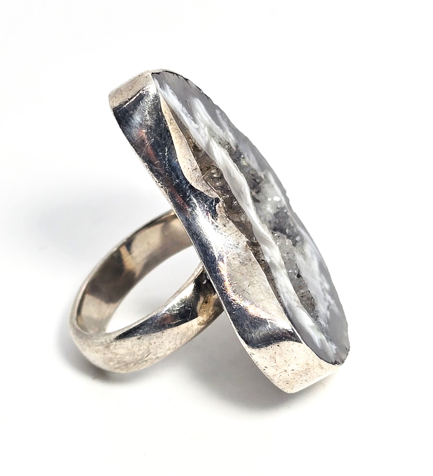 SJ Crescent moon Geode black druzy gemstone large sterling silver ring size 7.5