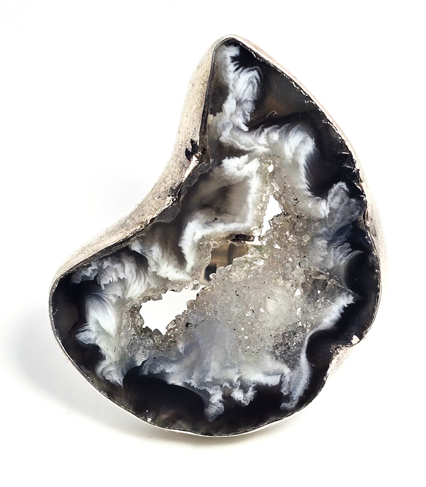 SJ Crescent moon Geode black druzy gemstone large sterling silver ring size 7.5
