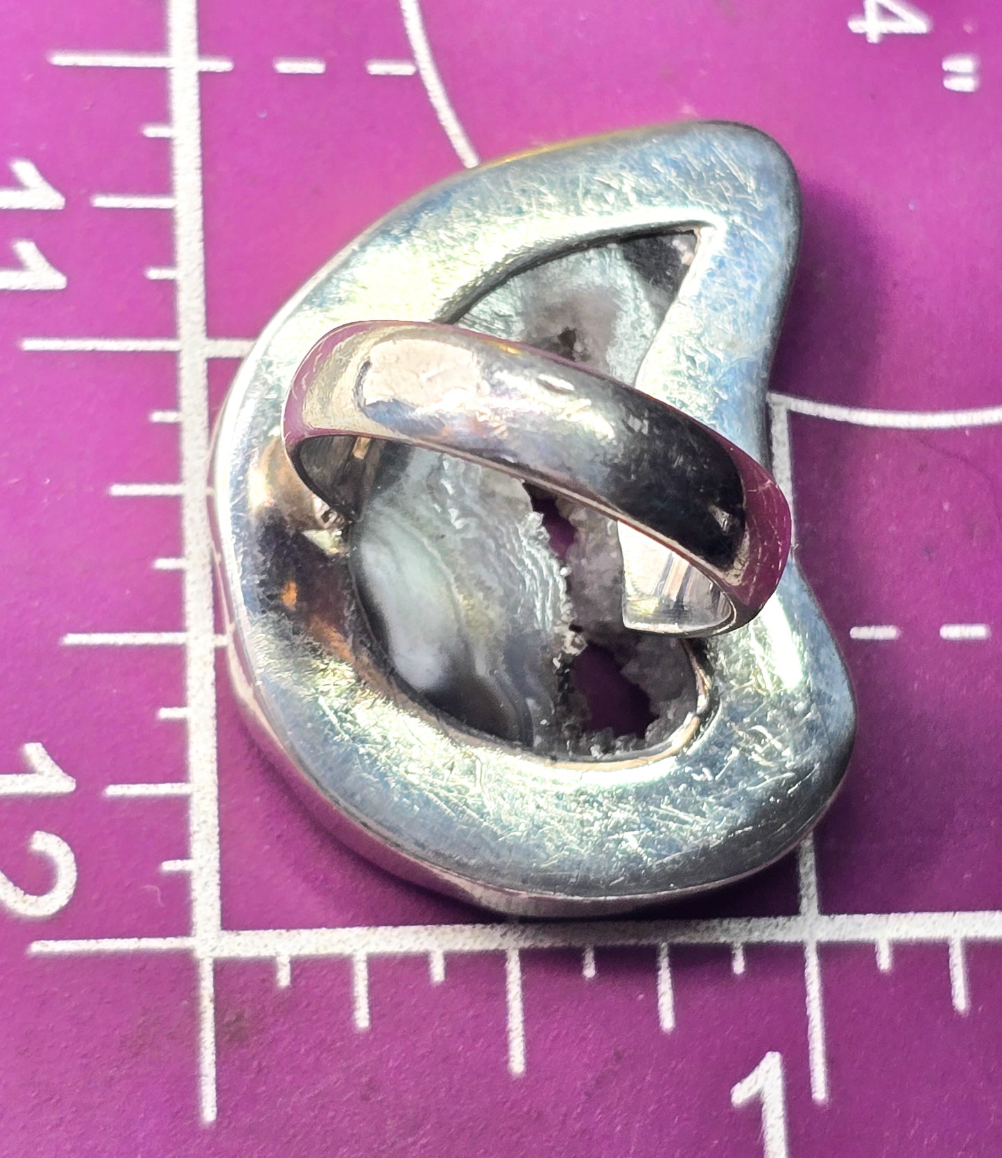 SJ Crescent moon Geode black druzy gemstone large sterling silver ring size 7.5