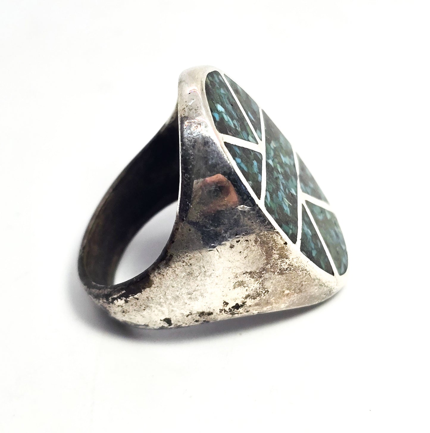 Old Pawn turquoise chip inlay Native American sterling silver vintage men's ring size 11
