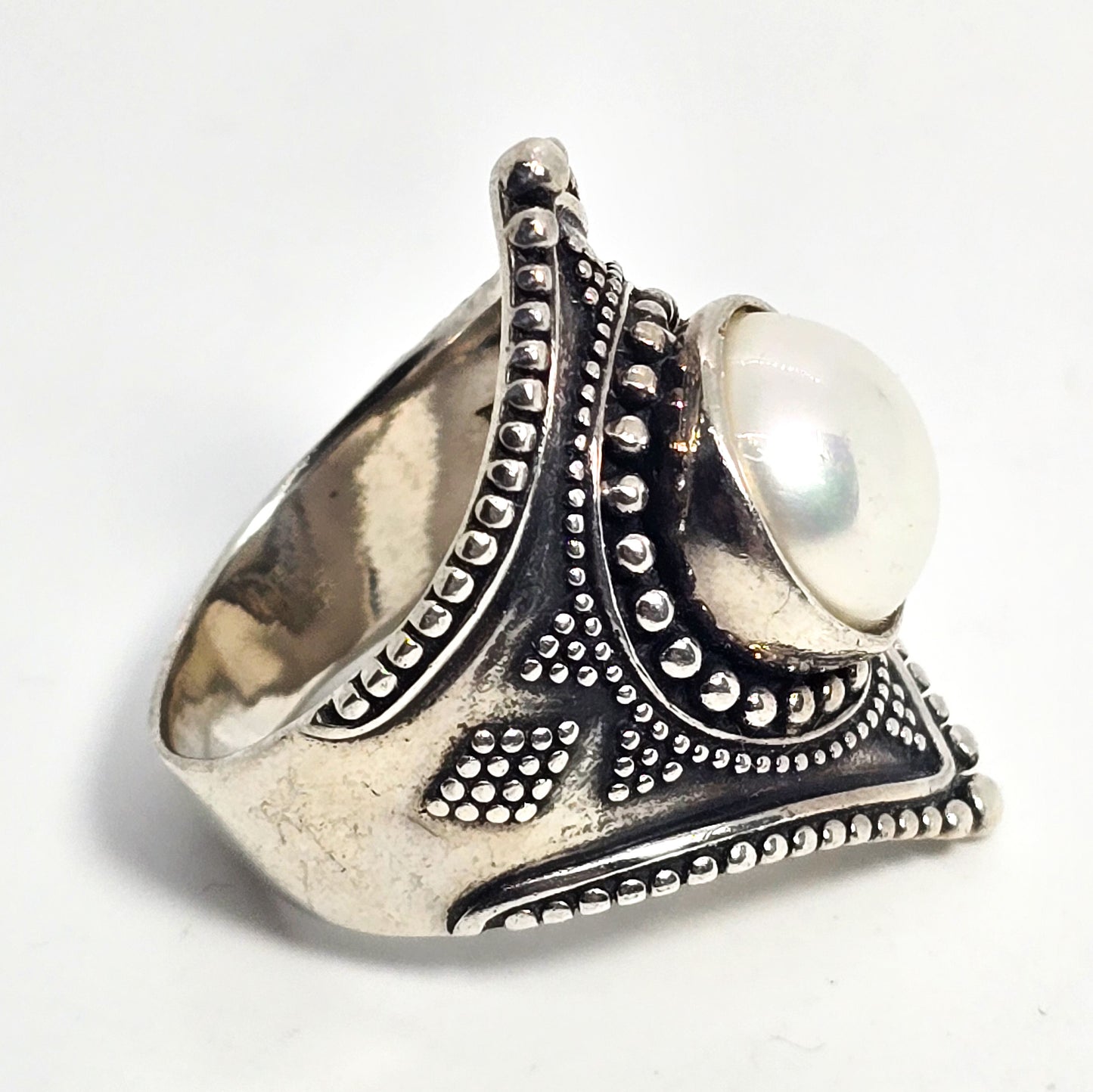 Felicia Design FD Sterling Silver 925 Large Bali White Pearl Ring Size 10