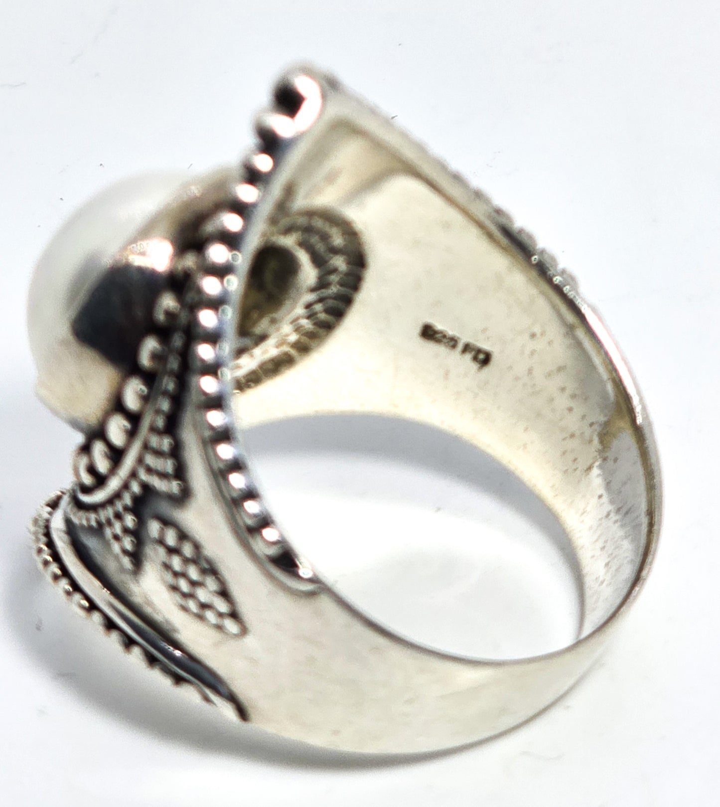 Felicia Design FD Sterling Silver 925 Large Bali White Pearl Ring Size 10