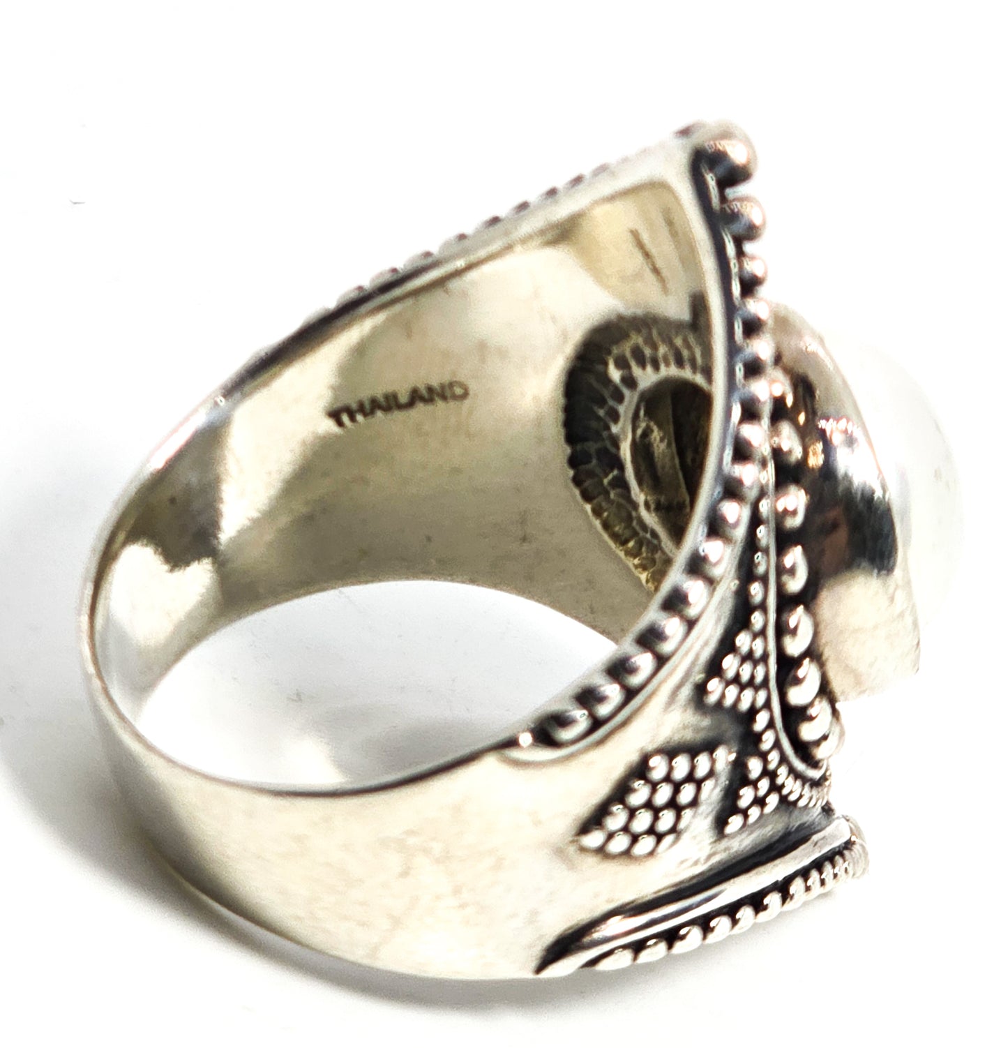 Felicia Design FD Sterling Silver 925 Large Bali White Pearl Ring Size 10