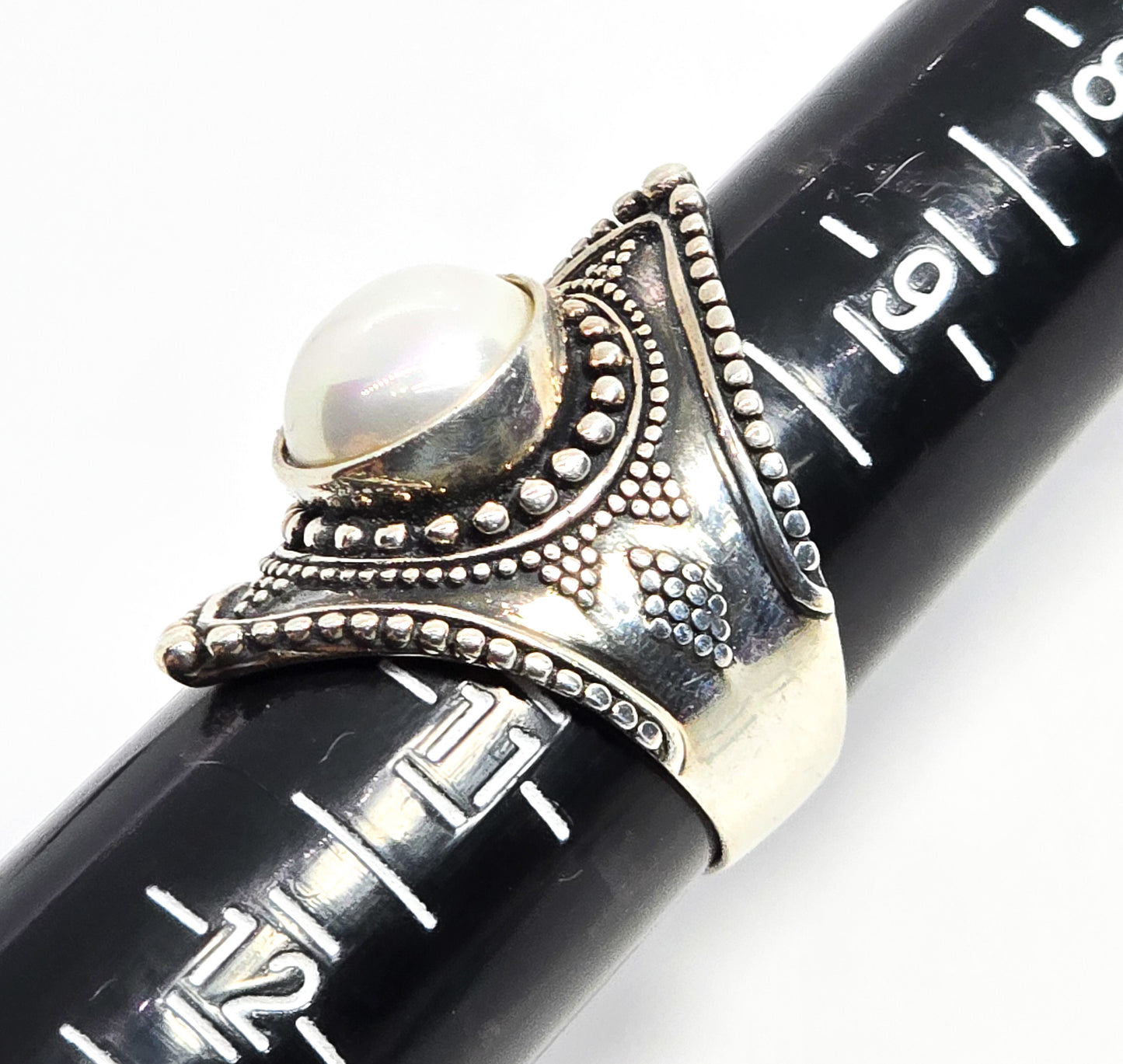 Felicia Design FD Sterling Silver 925 Large Bali White Pearl Ring Size 10