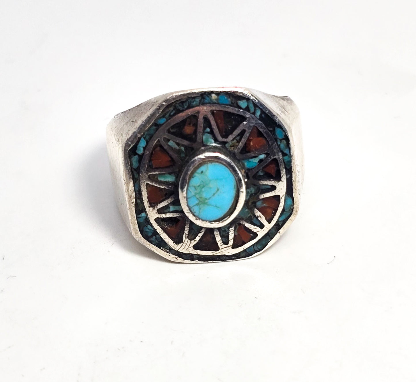 Old Pawn turquoise coral chip inlay Native American sterling silver vintage ring size 11