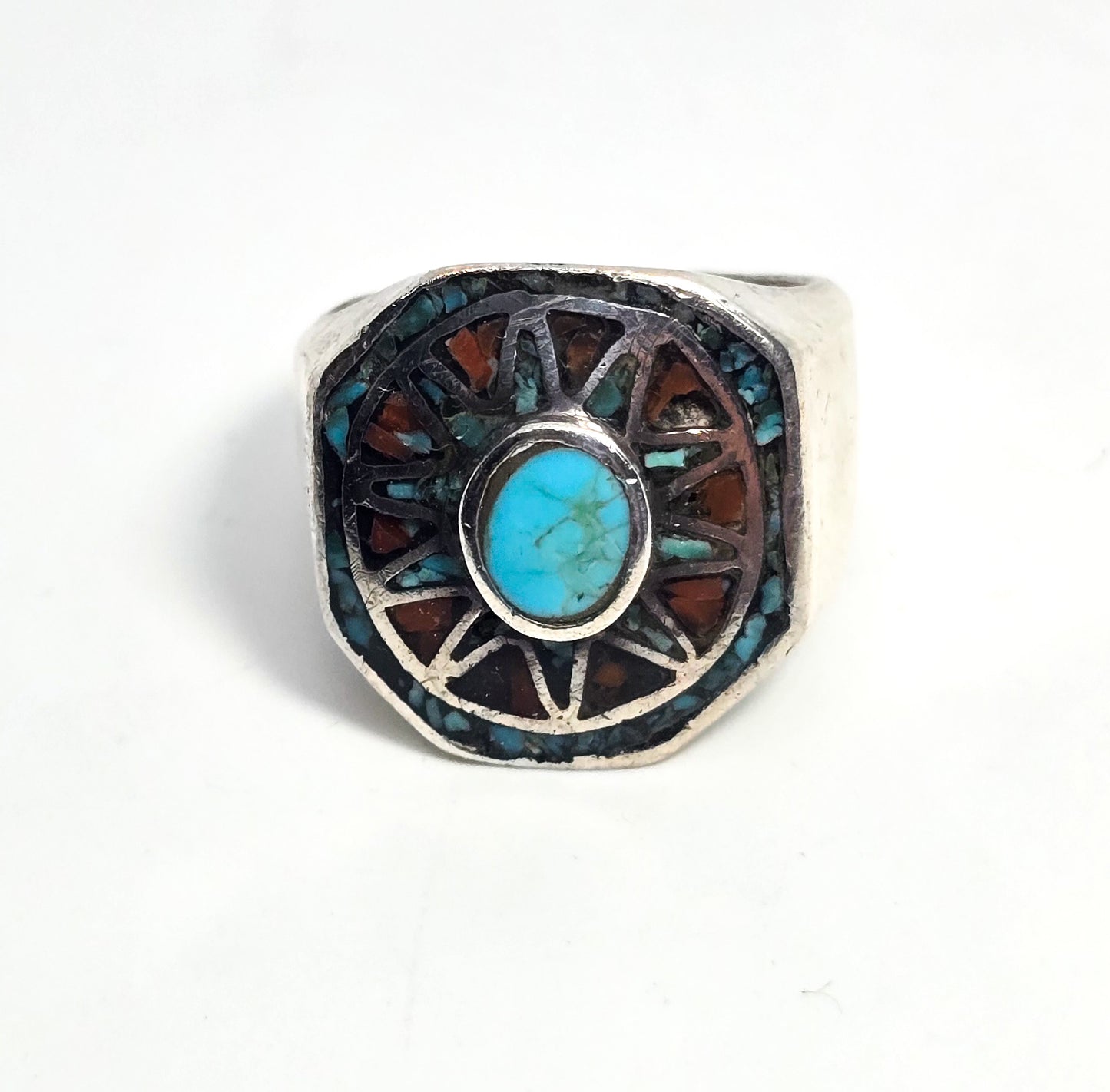 Old Pawn turquoise coral chip inlay Native American sterling silver vintage ring size 11