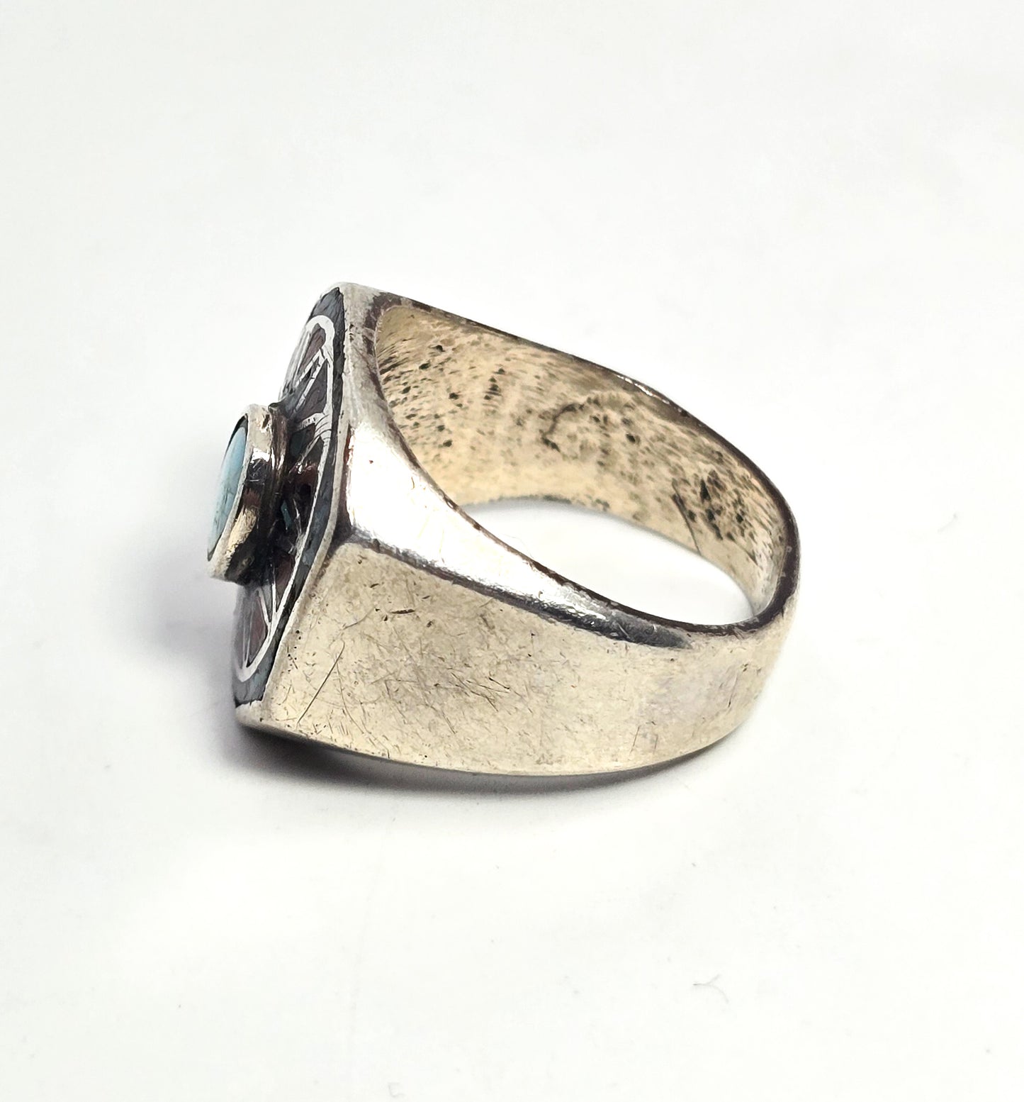Old Pawn turquoise coral chip inlay Native American sterling silver vintage ring size 11