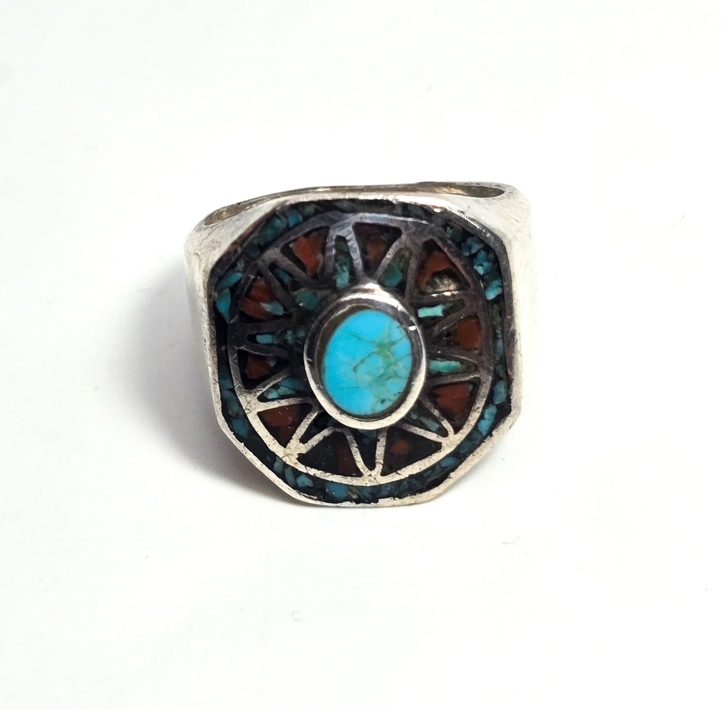 Old Pawn turquoise coral chip inlay Native American sterling silver vintage ring size 11