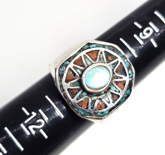 Old Pawn turquoise coral chip inlay Native American sterling silver vintage ring size 11