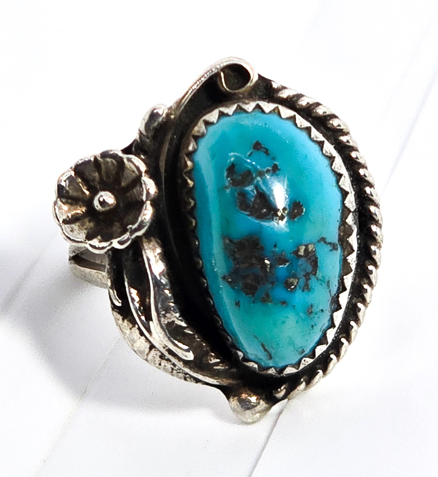 SC Turquoise Navajo Native American feather vintage sterling silver ring size 4.25