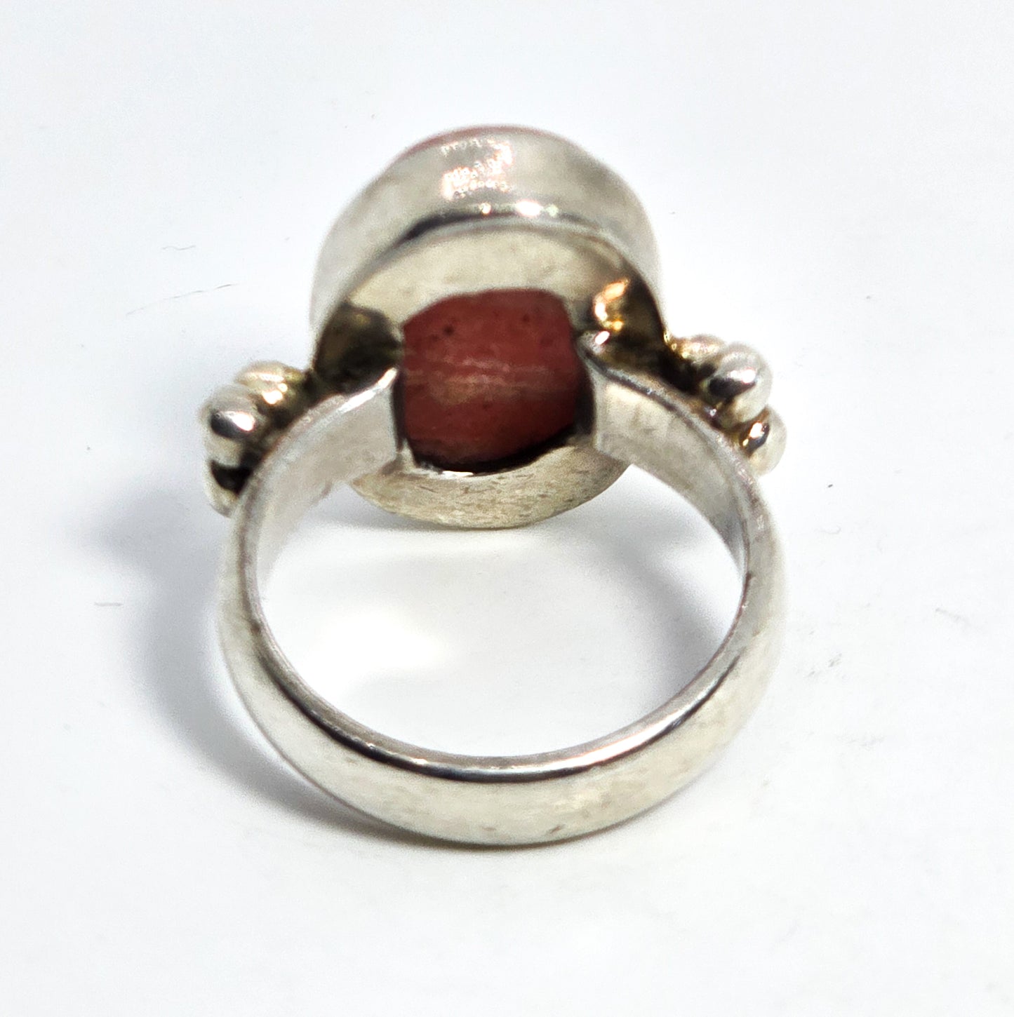 Rhodochrosite pink gemstone Bali Balinese vintage sterling silver ring size 6.5