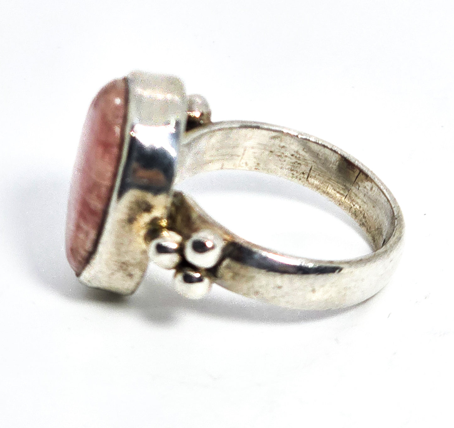 Rhodochrosite pink gemstone Bali Balinese vintage sterling silver ring size 6.5