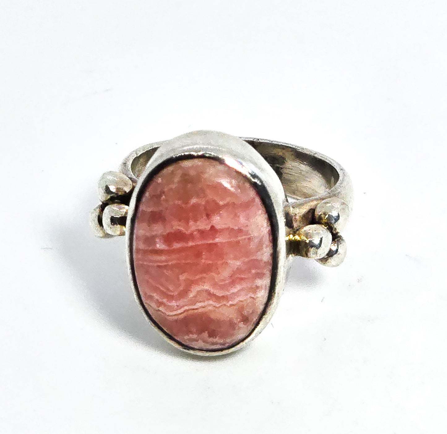 Rhodochrosite pink gemstone Bali Balinese vintage sterling silver ring size 6.5