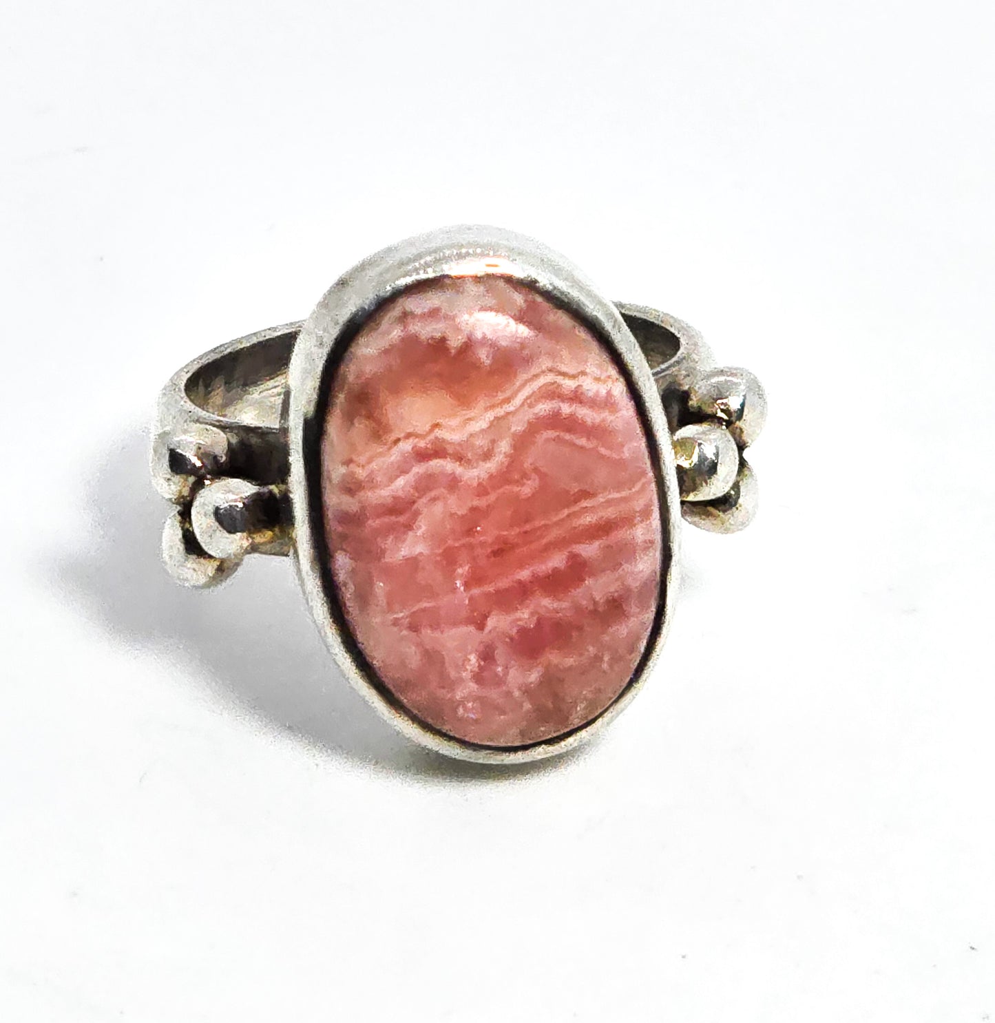 Rhodochrosite pink gemstone Bali Balinese vintage sterling silver ring size 6.5