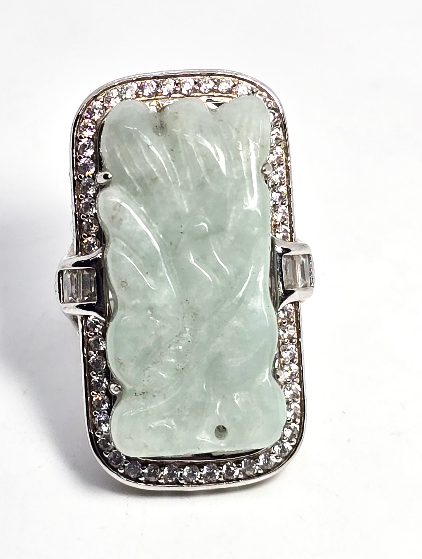 PAJ Carved Jade Dragon head Cubic Zirconia sterling silver filigree ring size 9