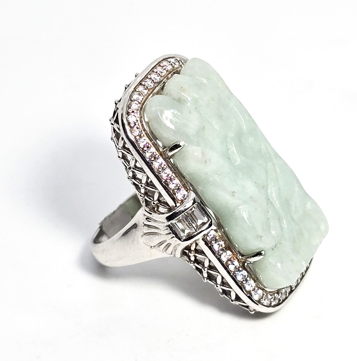 PAJ Carved Jade Dragon head Cubic Zirconia sterling silver filigree ring size 9