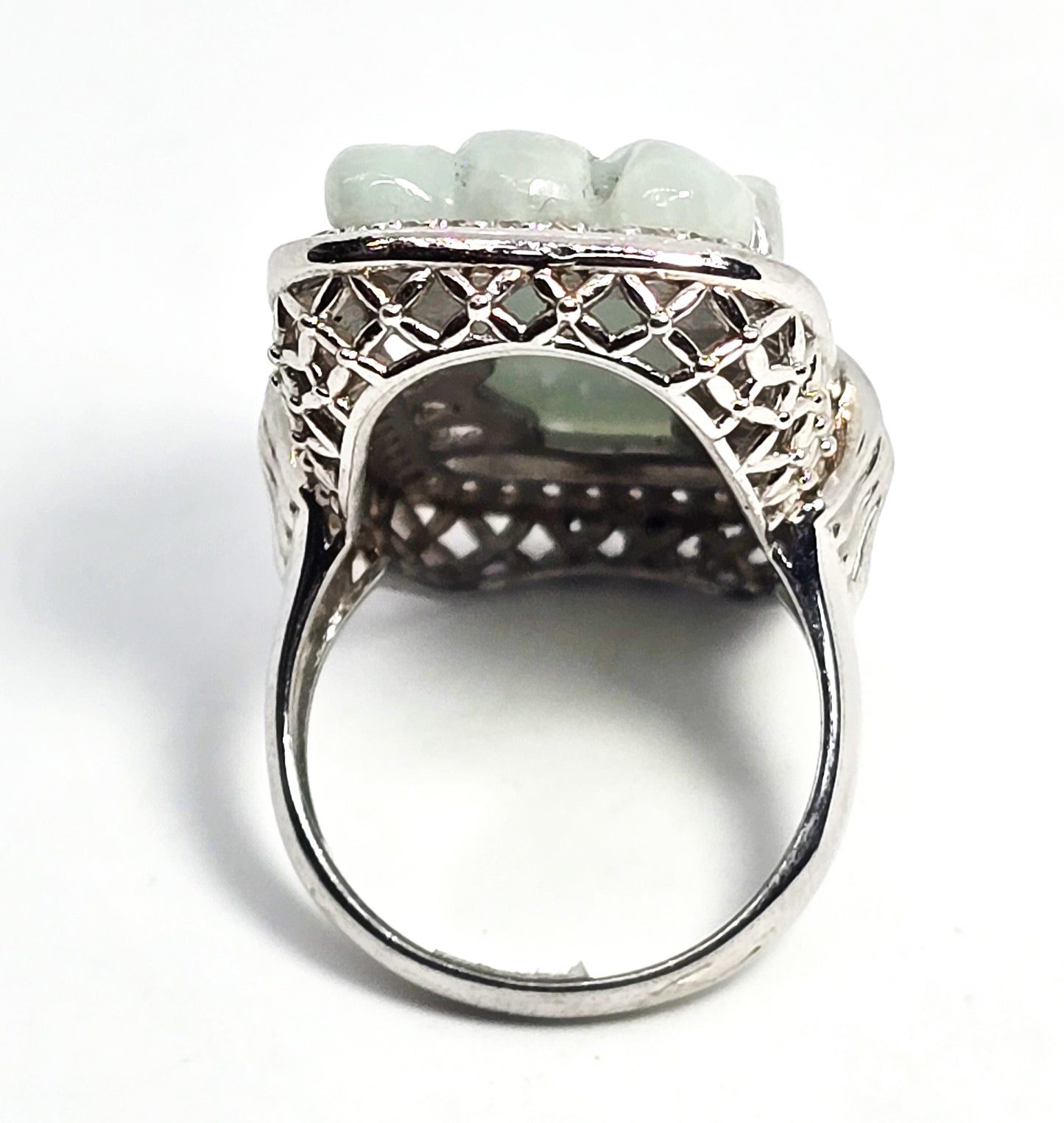 PAJ Carved Jade Dragon head Cubic Zirconia sterling silver filigree ring size 9