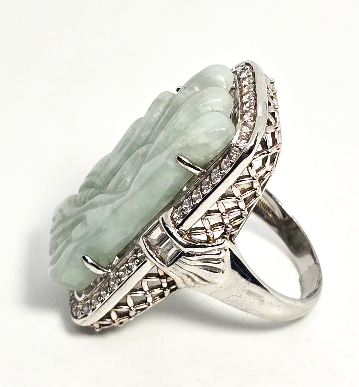 PAJ Carved Jade Dragon head Cubic Zirconia sterling silver filigree ring size 9