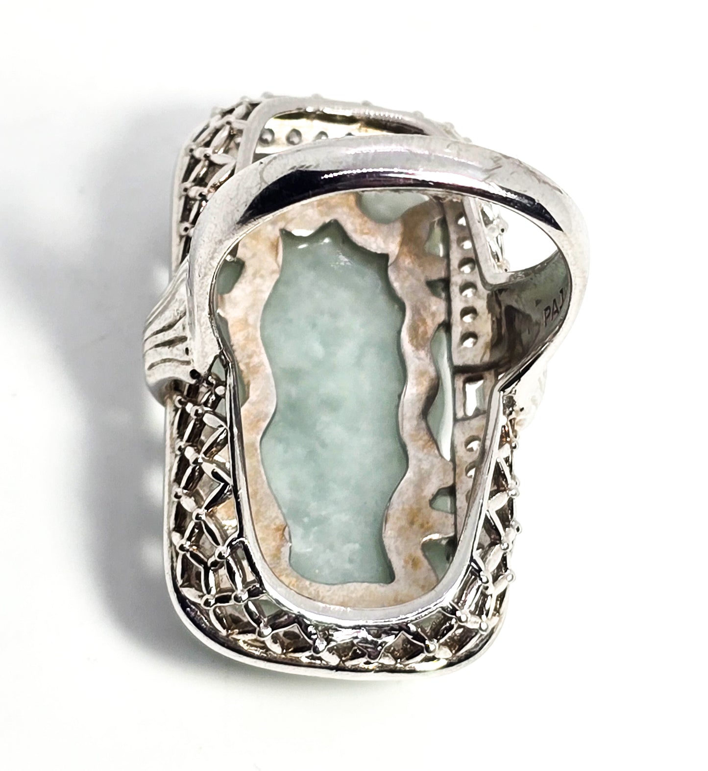 PAJ Carved Jade Dragon head Cubic Zirconia sterling silver filigree ring size 9