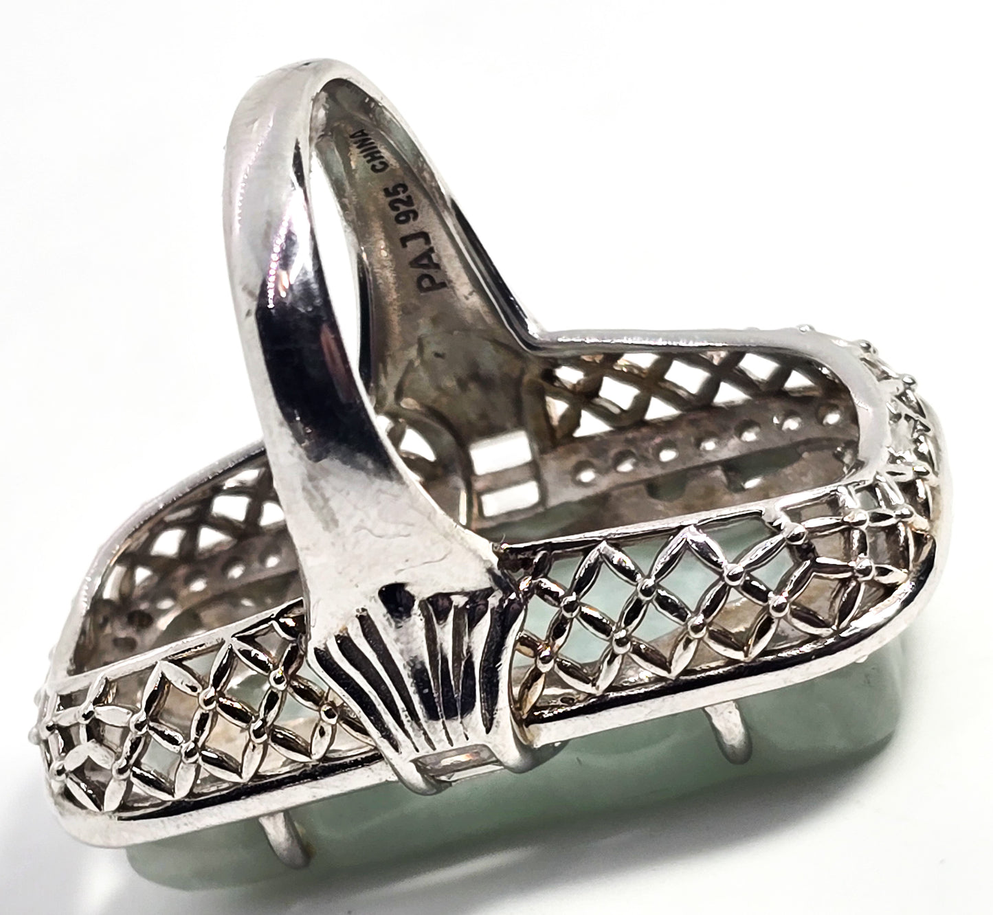 PAJ Carved Jade Dragon head Cubic Zirconia sterling silver filigree ring size 9
