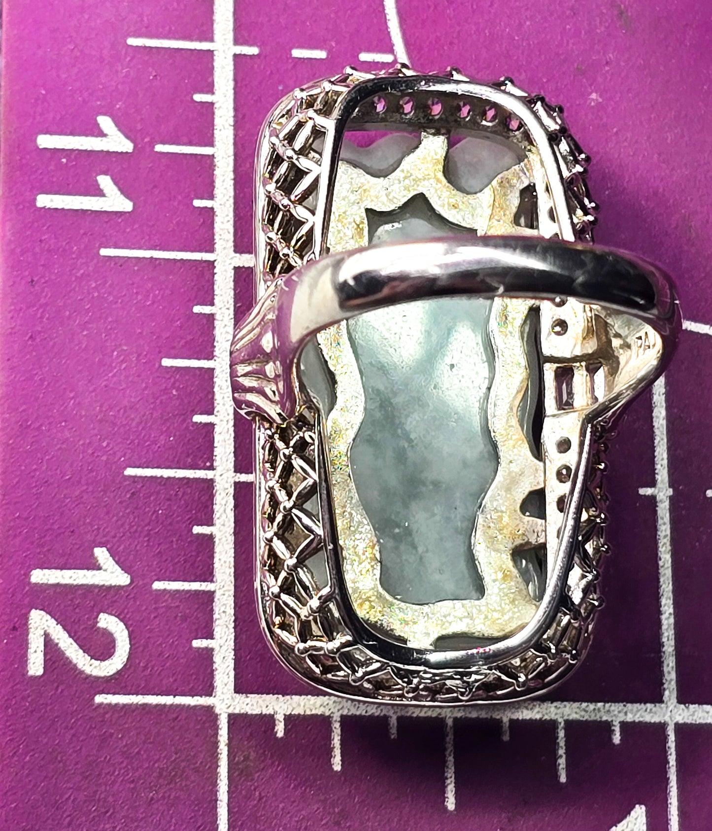 PAJ Carved Jade Dragon head Cubic Zirconia sterling silver filigree ring size 9