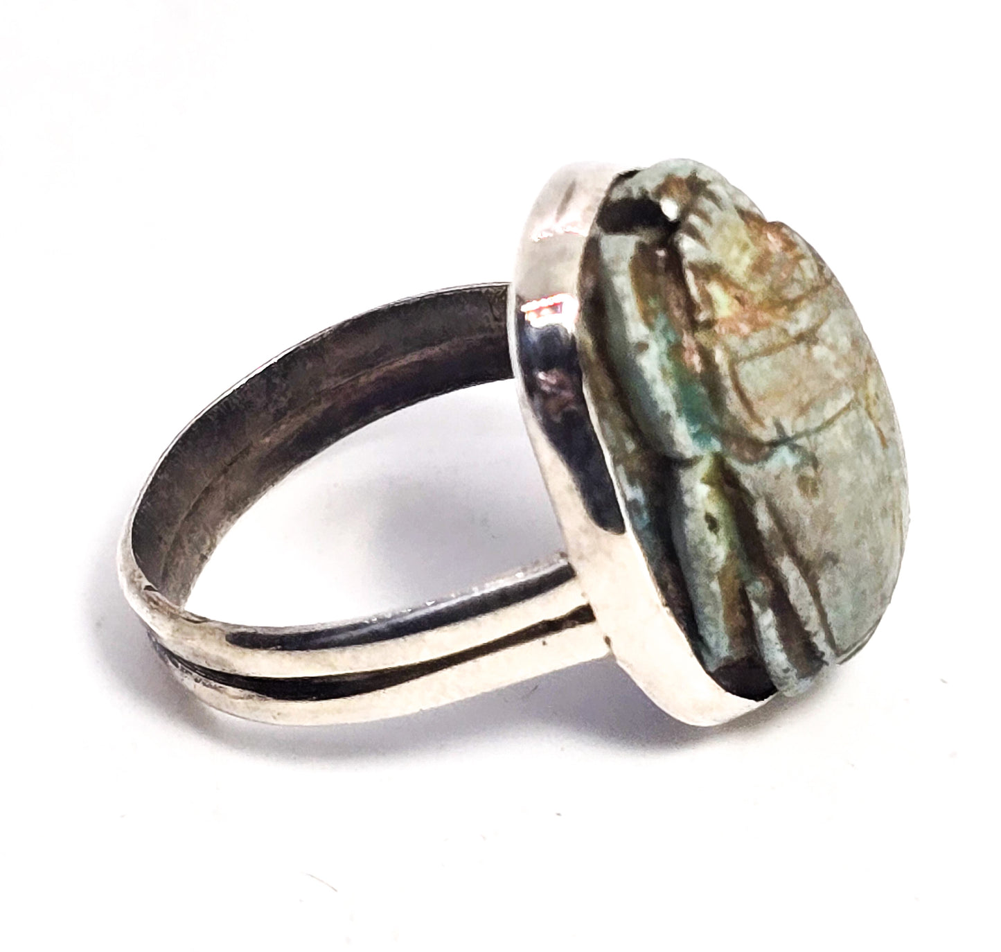 Egyptian Revival blue faience antique sterling silver Egyptian handcrafted ring size 8