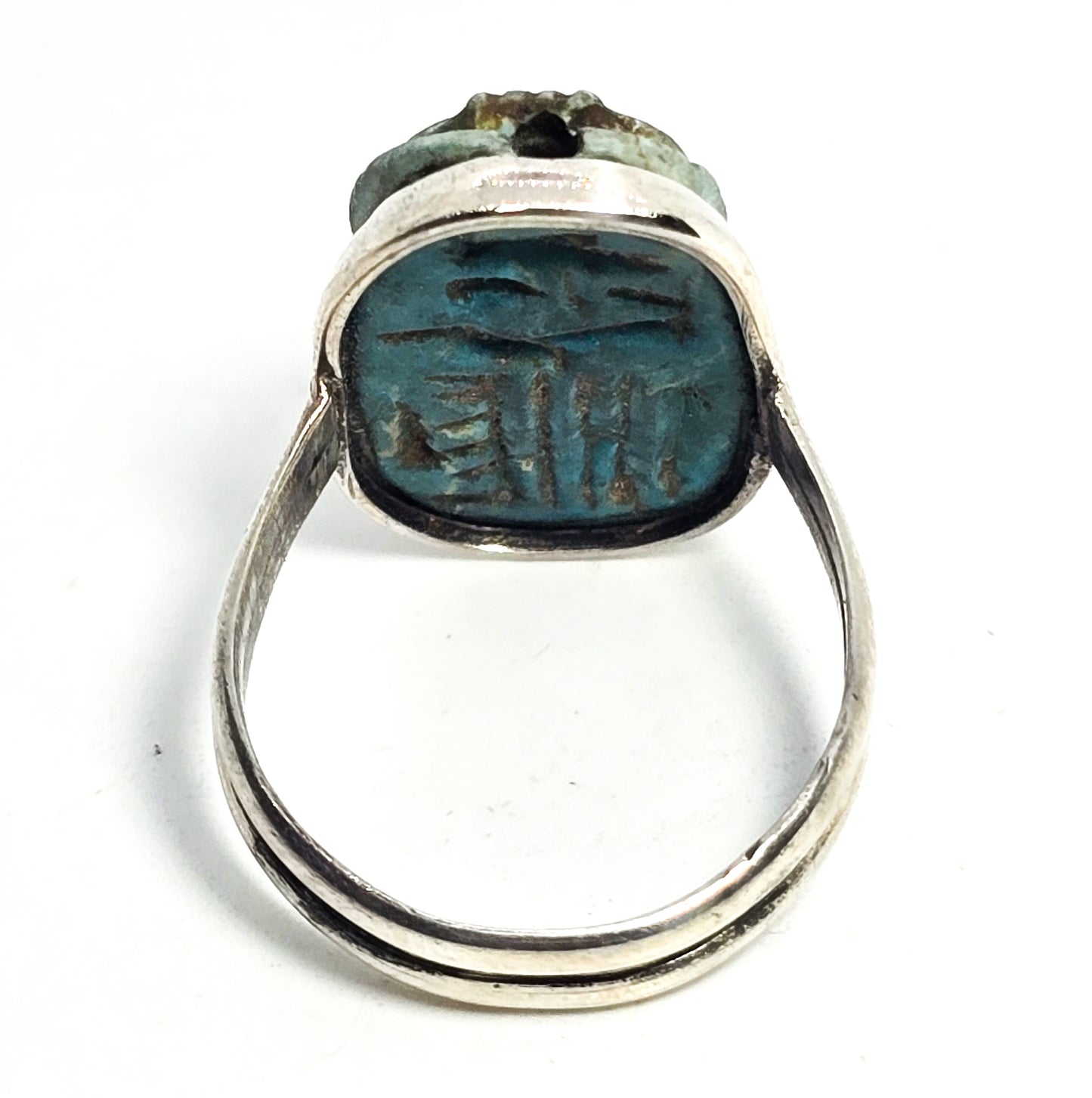 Egyptian Revival blue faience antique sterling silver Egyptian handcrafted ring size 8