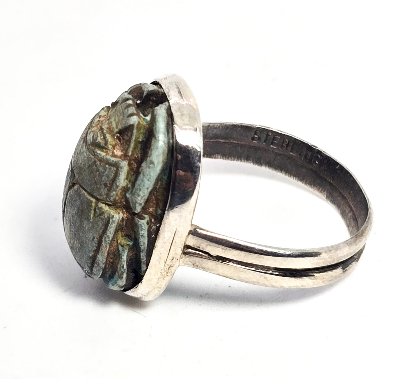 Egyptian Revival blue faience antique sterling silver Egyptian handcrafted ring size 8