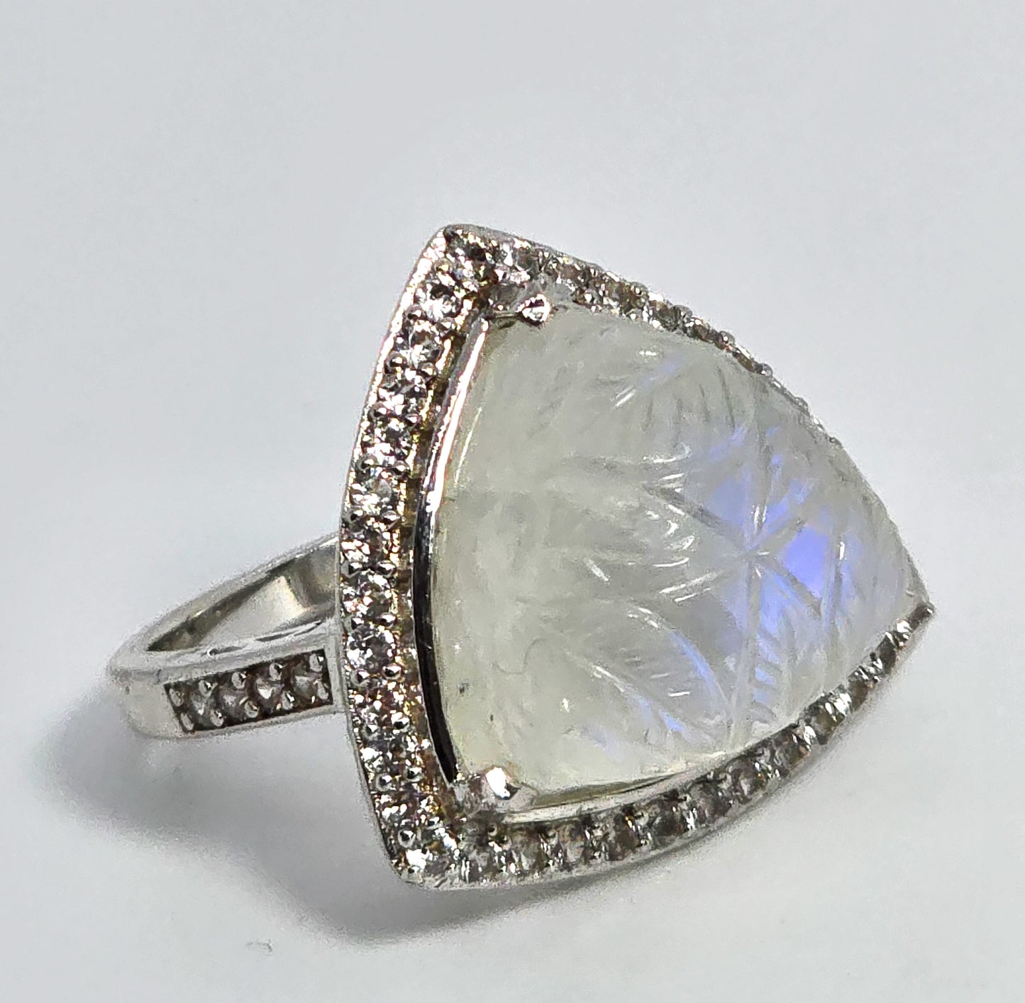 Carved moonstone flower large sterling silver rock quartz halo ring size 8.5