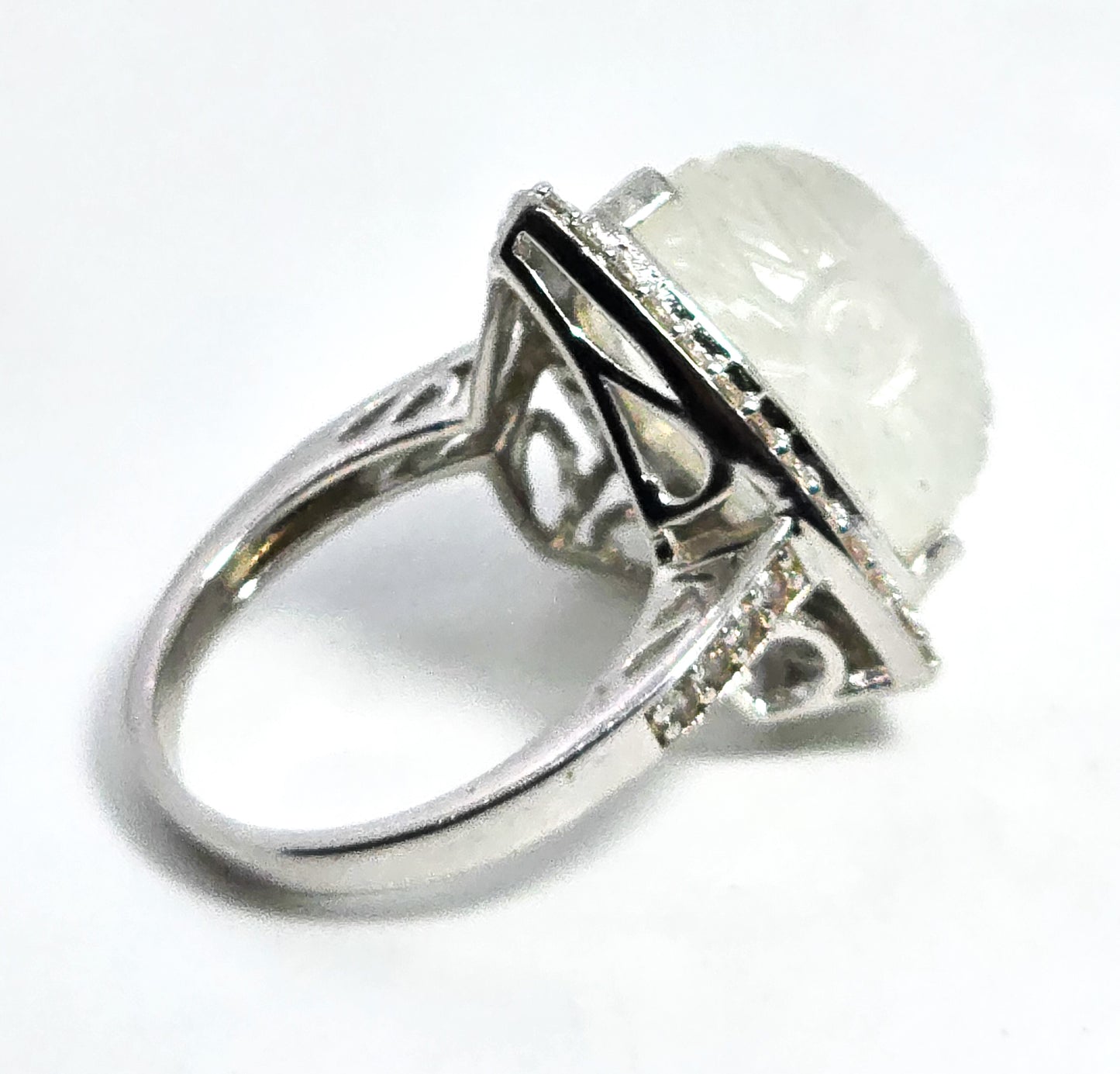 Carved moonstone flower large sterling silver rock quartz halo ring size 8.5
