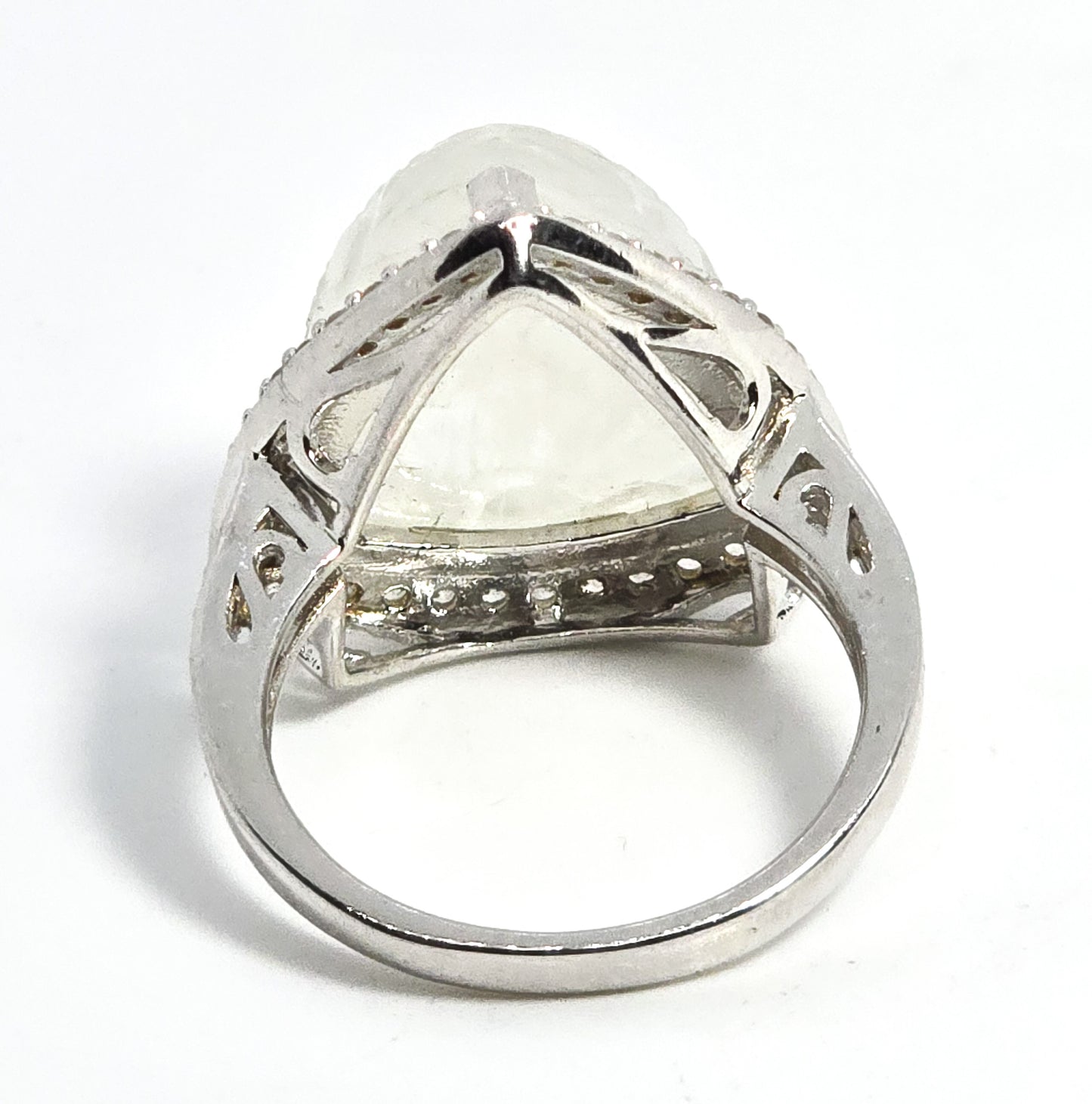 Carved moonstone flower large sterling silver rock quartz halo ring size 8.5
