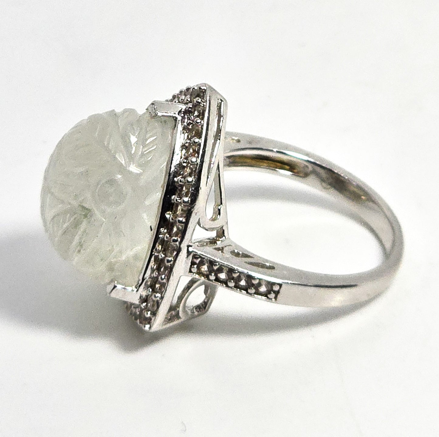Carved moonstone flower large sterling silver rock quartz halo ring size 8.5