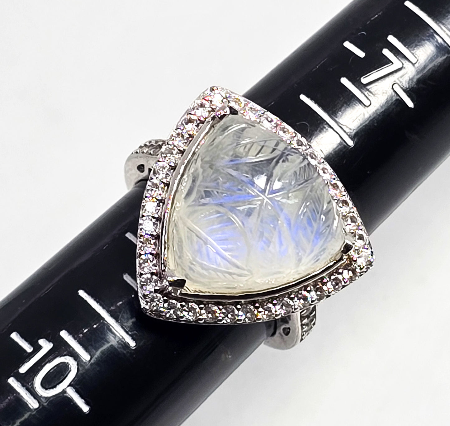 Carved moonstone flower large sterling silver rock quartz halo ring size 8.5