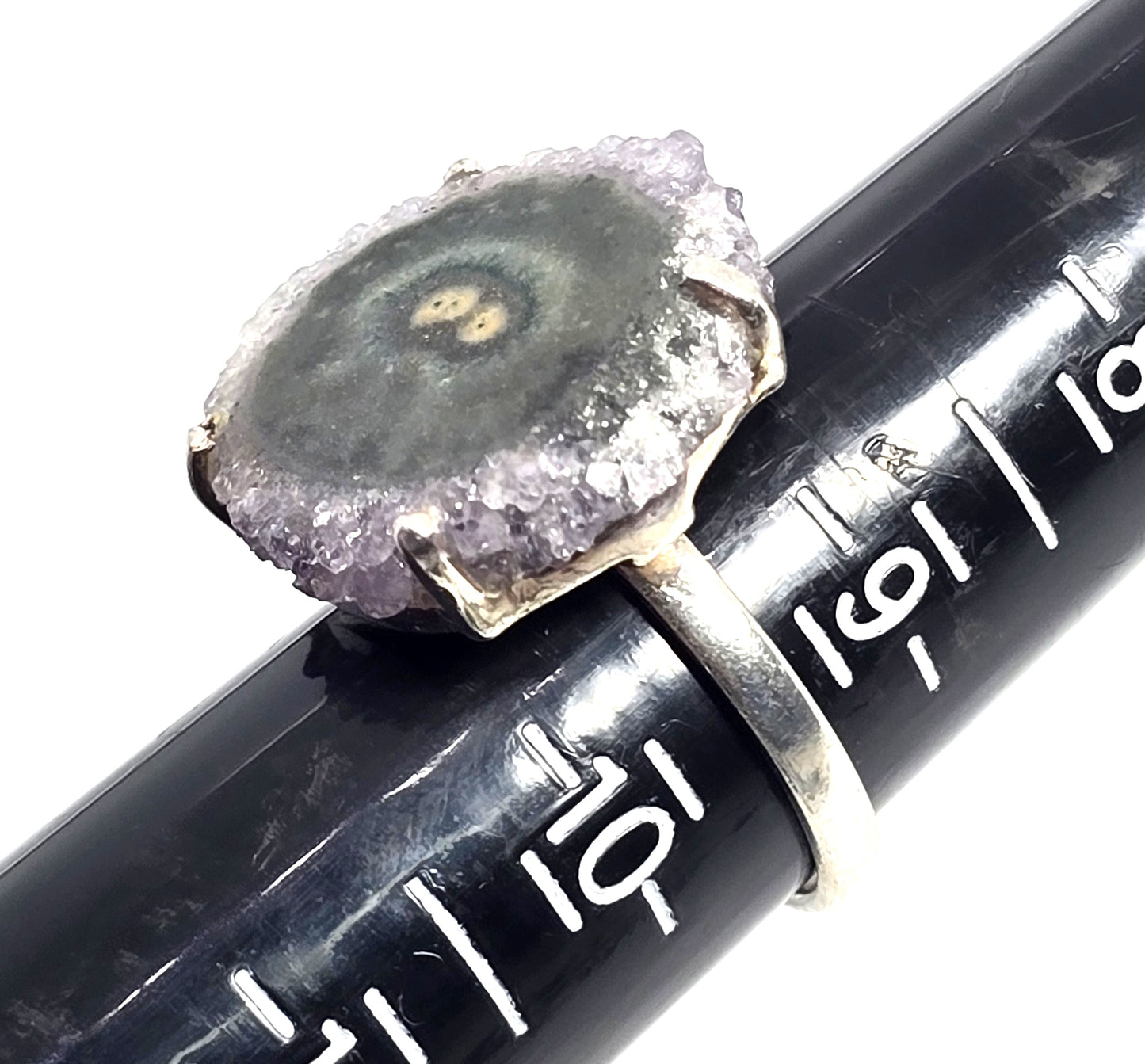 Amethyst Stalactite Slices gemstone sterling silver open work ring size 9.5