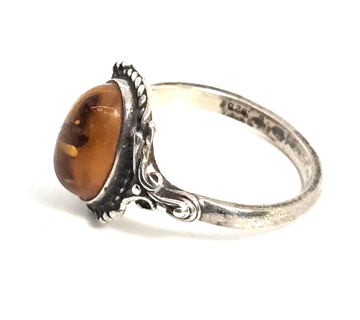 Baltic Amber vintage twisted rope halo swirled Polish sterling silver ring size 8