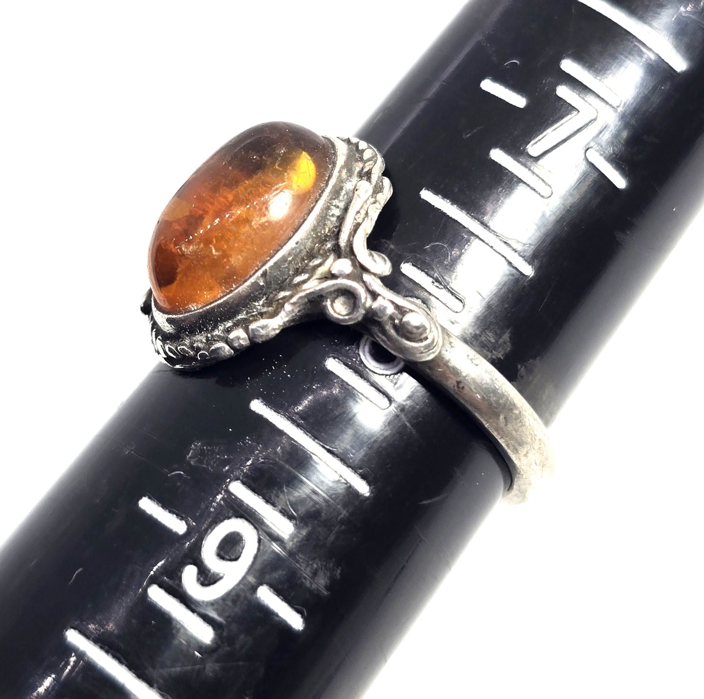 Baltic Amber vintage twisted rope halo swirled Polish sterling silver ring size 8