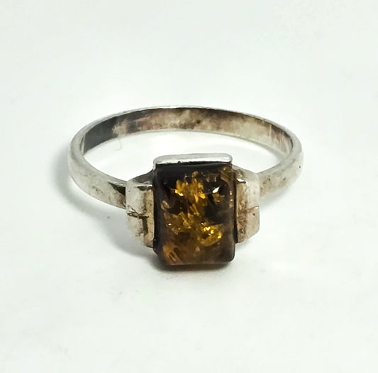 Orange amber modernist retro vintage sterling silver ring size 8