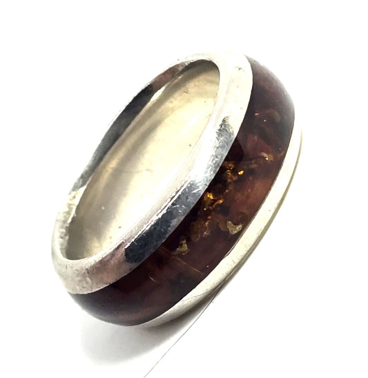 Orange amber modernist retro vintage sterling silver men's ring band size 9.5
