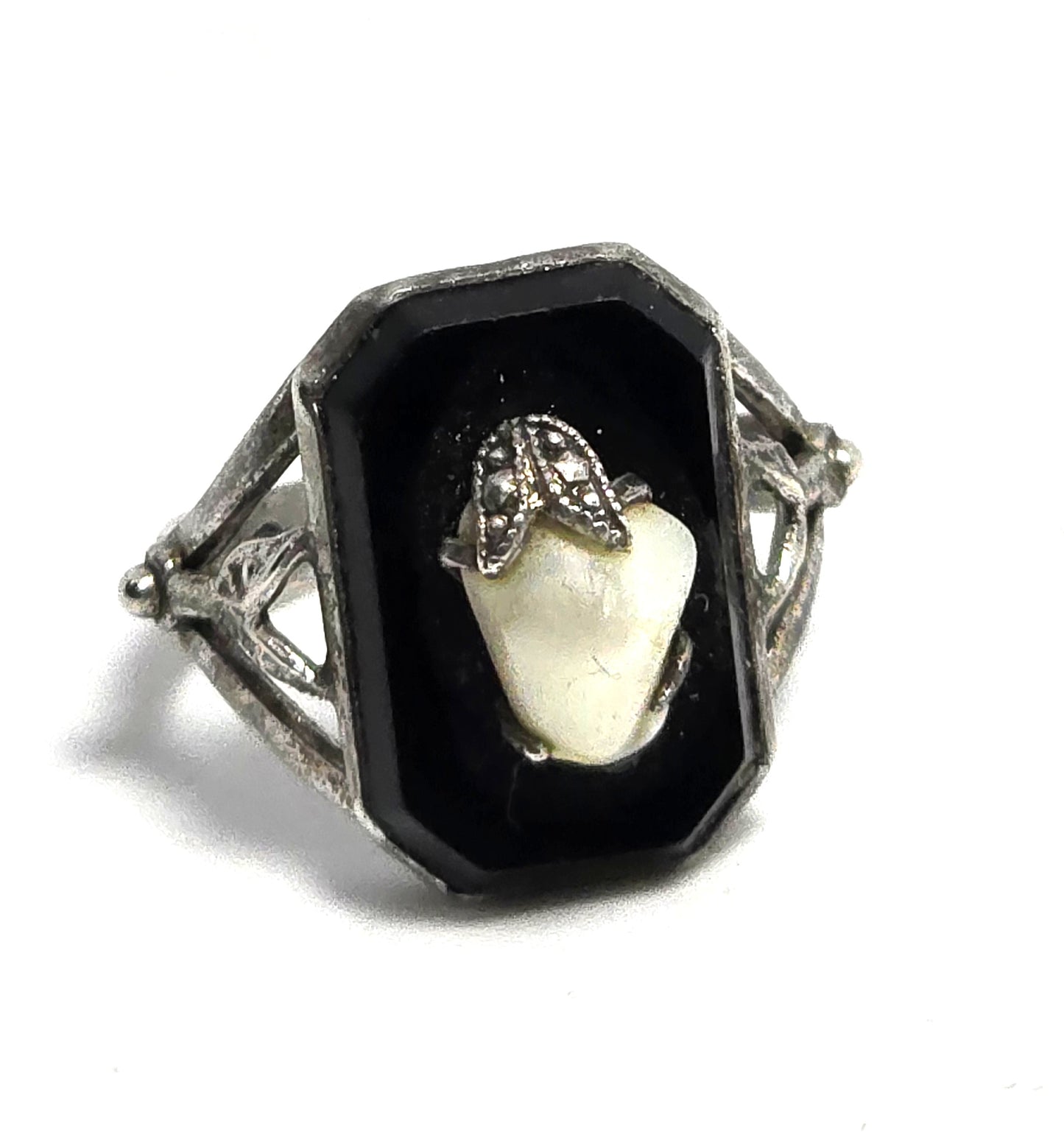 Art Deco black onyx and pearl antique sterling silver ring size 6
