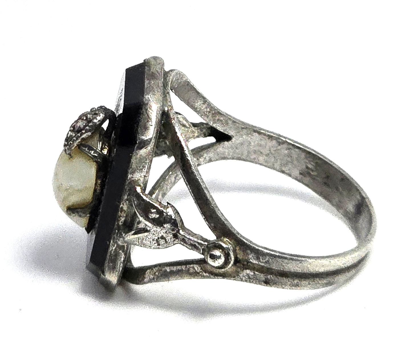 Art Deco black onyx and pearl antique sterling silver ring size 6