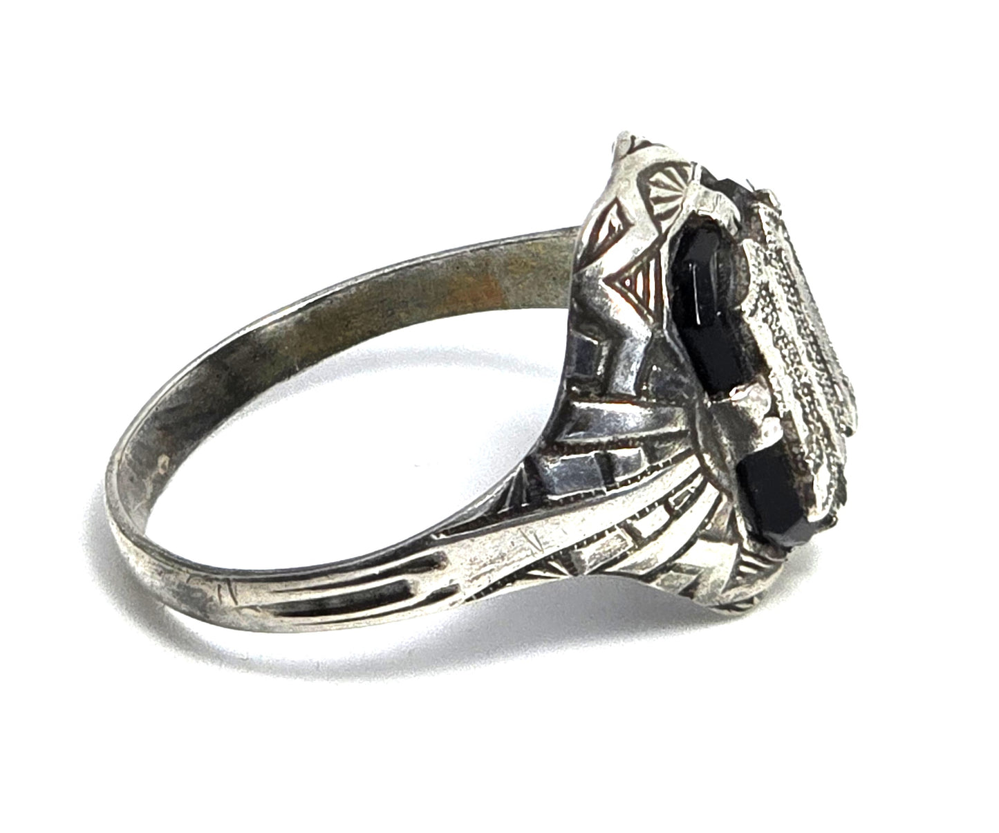 Otsby Barton Art Deco black onyx antique sterling silver M signet ring size 7.5