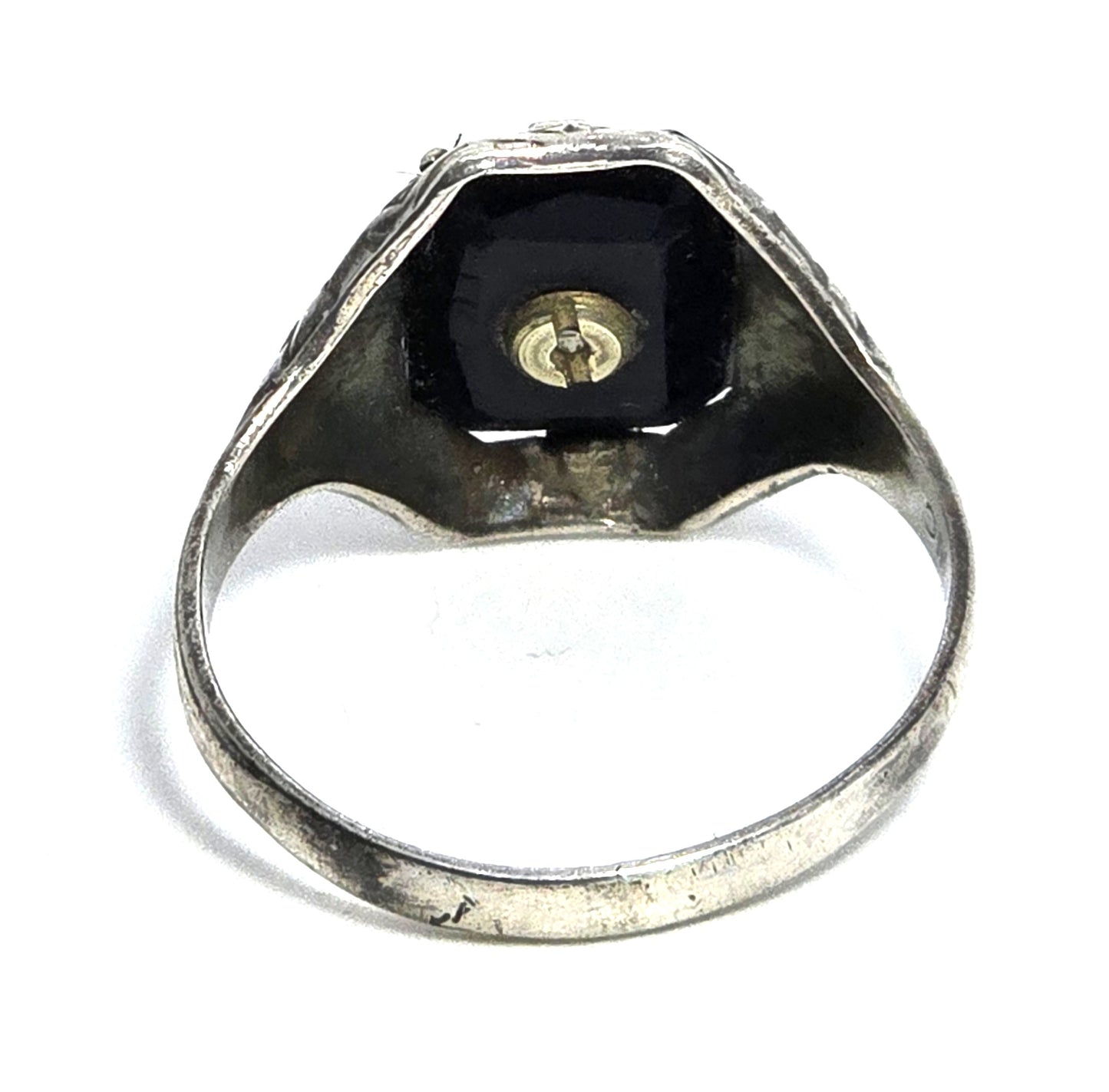 Otsby Barton Art Deco black onyx antique sterling silver M signet ring size 7.5