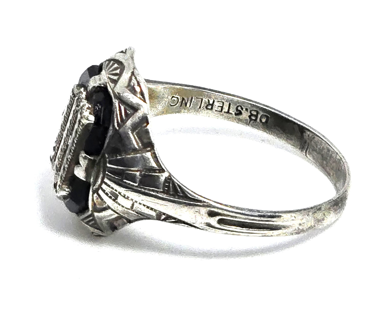 Otsby Barton Art Deco black onyx antique sterling silver M signet ring size 7.5