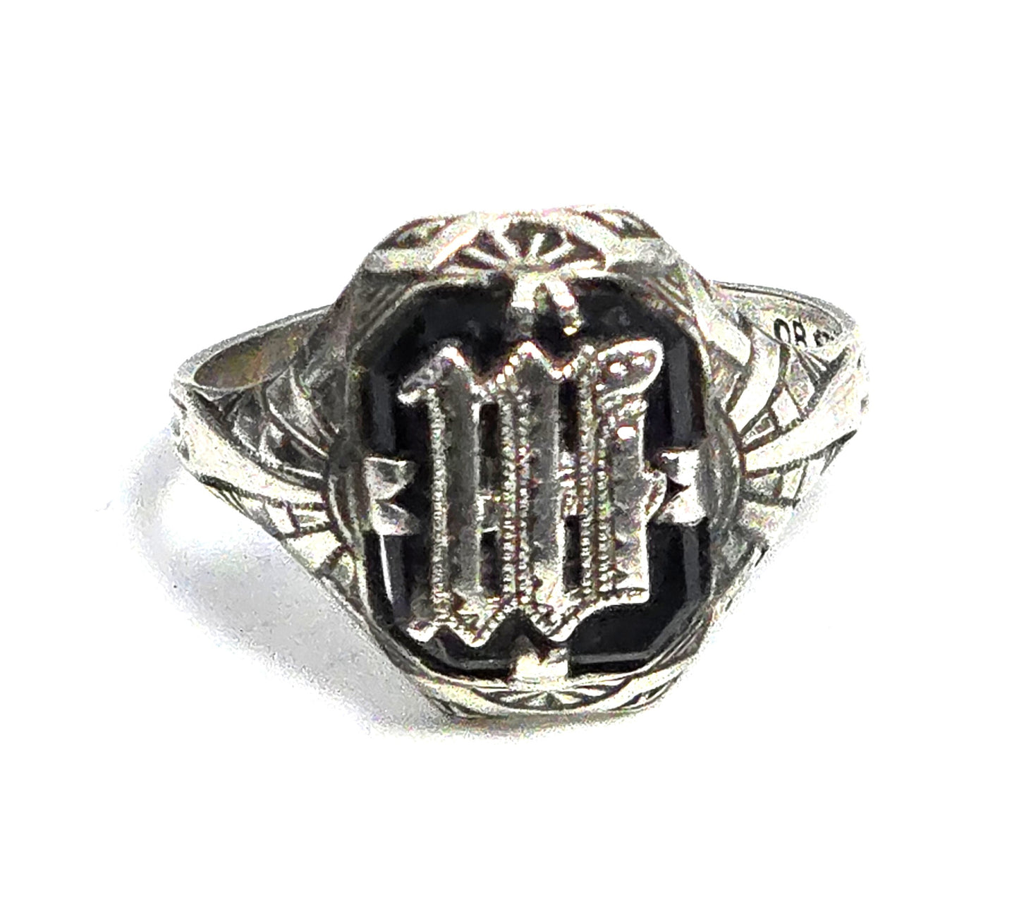 Otsby Barton Art Deco black onyx antique sterling silver M signet ring size 7.5