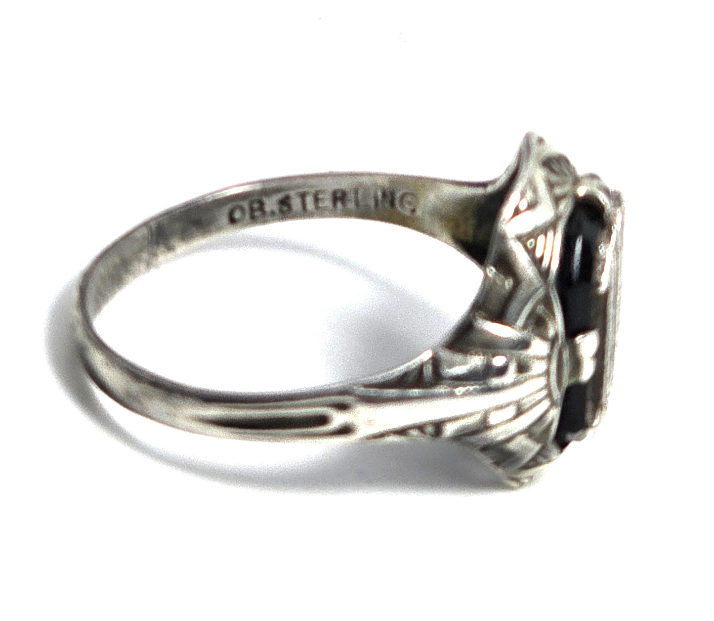 Otsby Barton Art Deco black onyx antique sterling silver M signet ring size 7.5