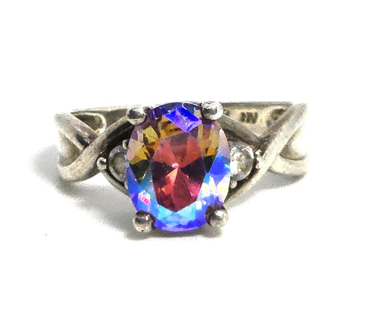 Mystic Topaz CZ oval cut synthetic topaz sterling silver solitaire ring size 7.5