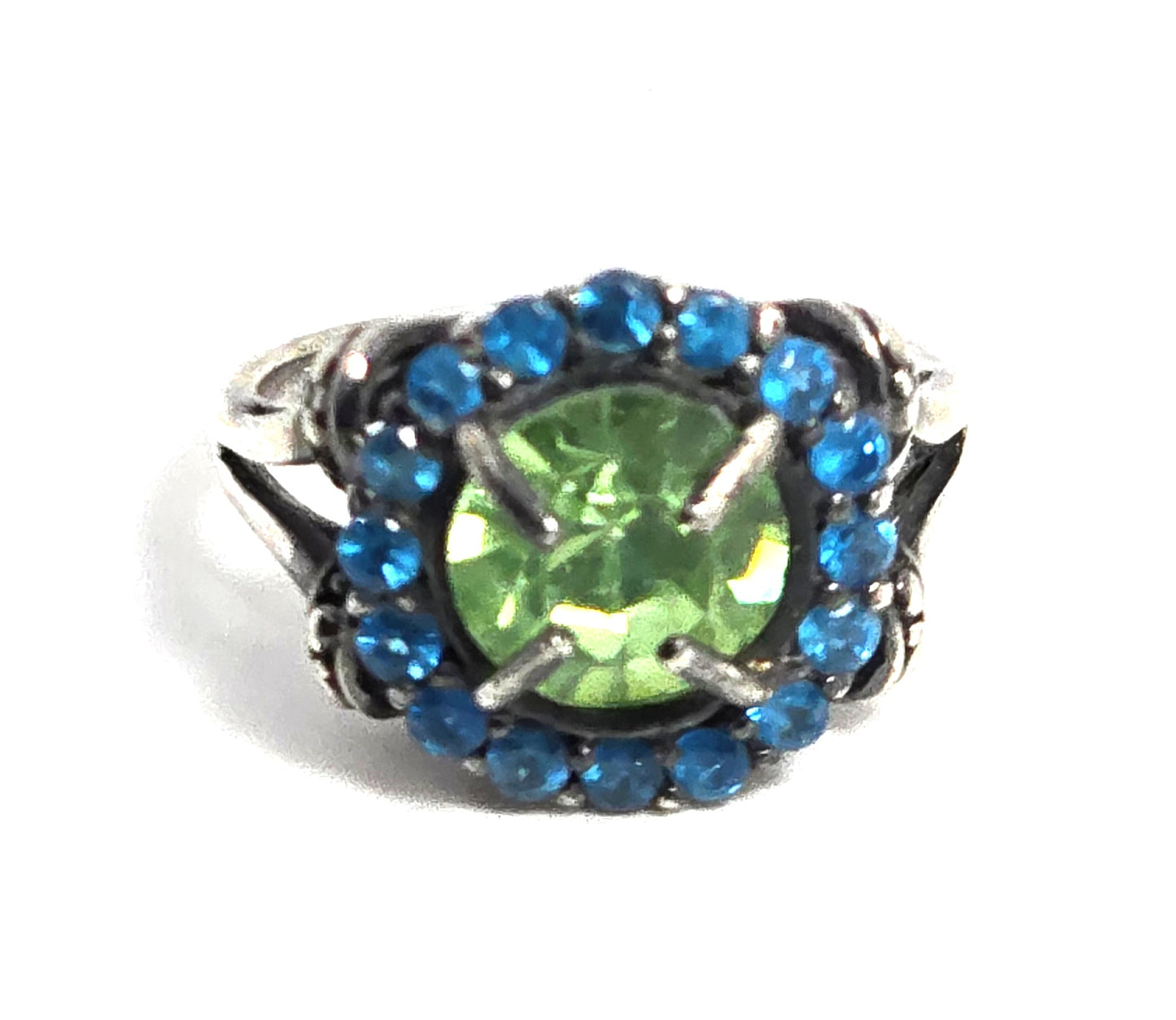 Uranium Glass UV glow blue rhinestone halo sterling silver KH ring size 6.5