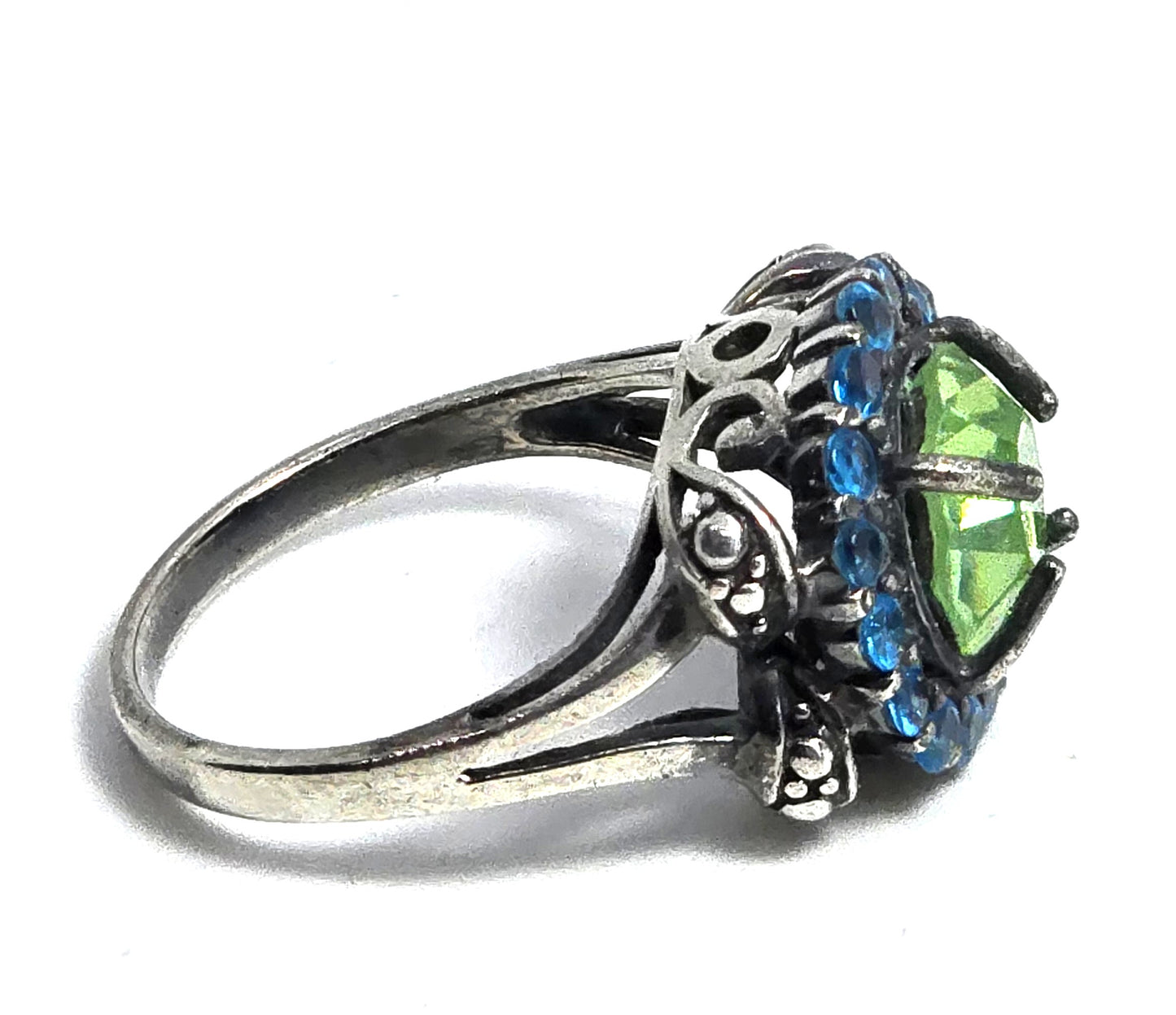 Uranium Glass UV glow blue rhinestone halo sterling silver KH ring size 6.5